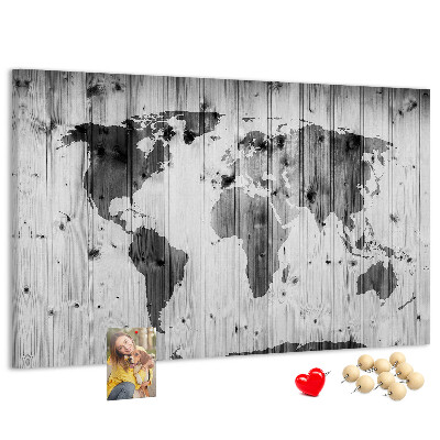 Tablica korkowa Mapa świata na tle drewnianych desek