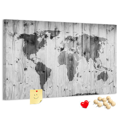 Tablica korkowa Mapa świata na tle drewnianych desek