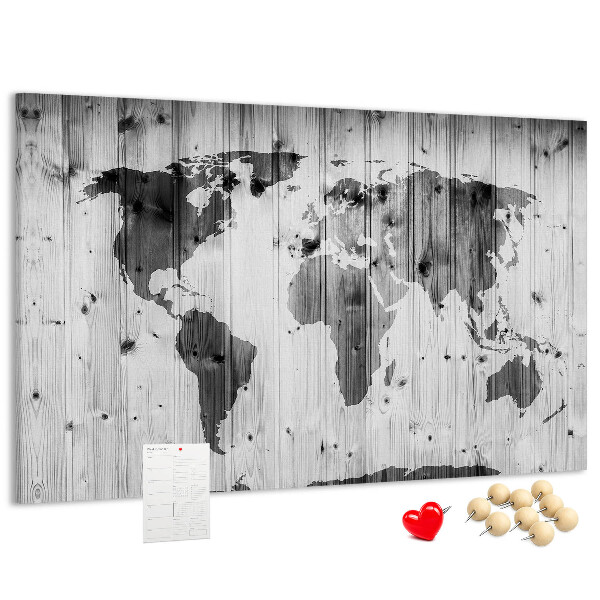 Tablica korkowa Mapa świata na tle drewnianych desek