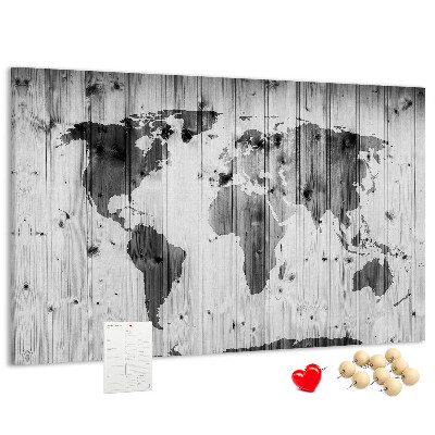 Tablica korkowa Mapa świata na tle drewnianych desek