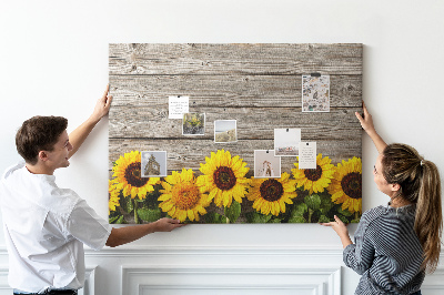 Tablica korkowa z nadrukiem Słoneczniki na tle drewnianych desek