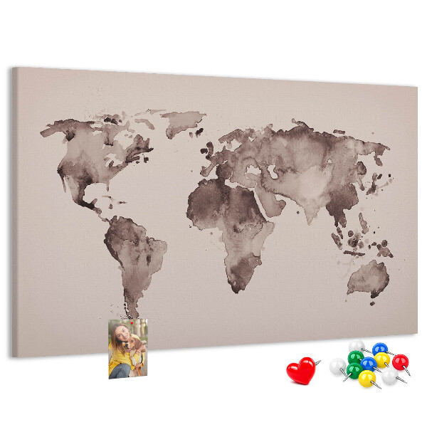 Tablica korkowa Mapa świata w odcieniach brązu.