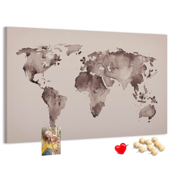Tablica korkowa Mapa świata w odcieniach brązu.