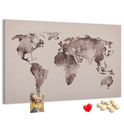 Tablica korkowa Mapa świata w odcieniach brązu.