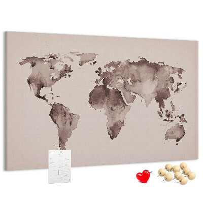 Tablica korkowa Mapa świata w odcieniach brązu.