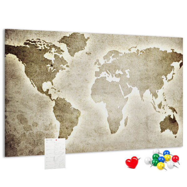 Tablica korkowa Staroświecka mapa świata na tle.