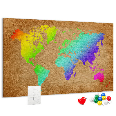 Tablica korkowa z nadrukiem Kolorowa mapa świata na brązowym tle