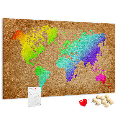 Tablica korkowa z nadrukiem Kolorowa mapa świata na brązowym tle