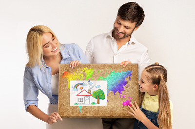 Tablica korkowa z nadrukiem Kolorowa mapa świata na brązowym tle
