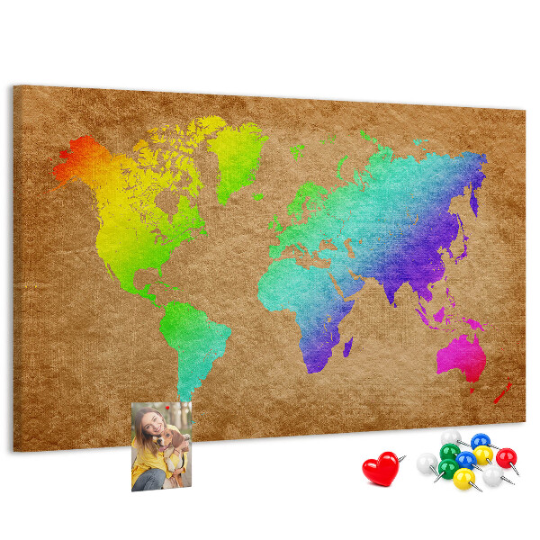 Tablica korkowa z nadrukiem Kolorowa mapa świata na brązowym tle