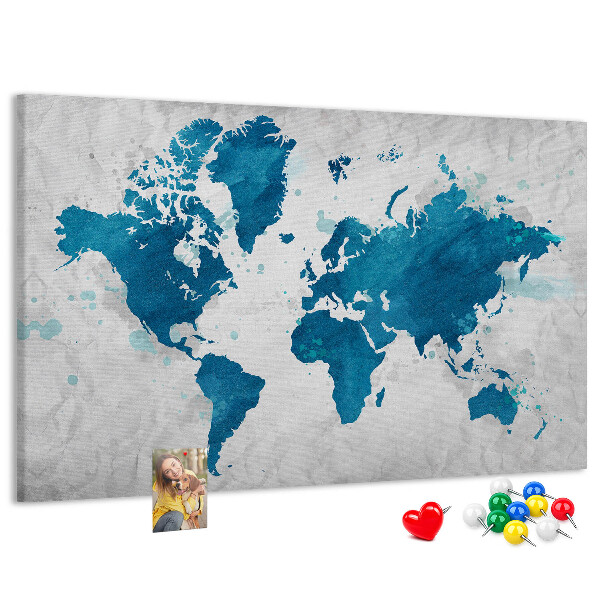 Tablica korkowa Akwaforta mapy świata w odcieniach niebieskiego