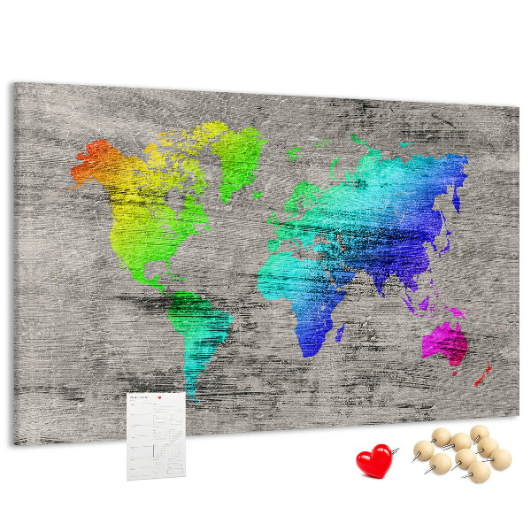 Tablica korkowa ozdobna Kolorowa mapa świata na szarym tle