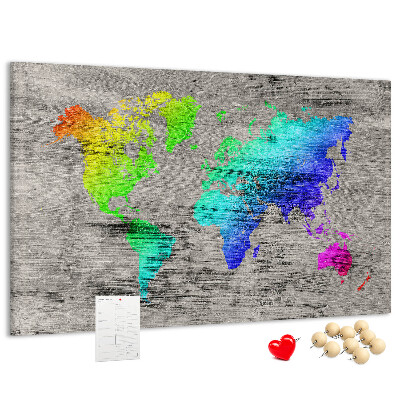 Tablica korkowa ozdobna Kolorowa mapa świata na szarym tle