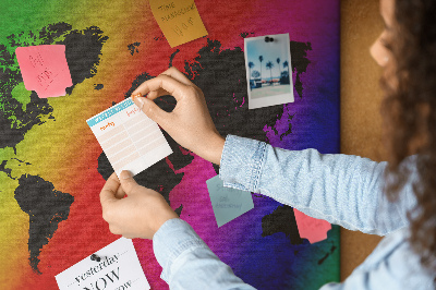 Tablica korkowa z nadrukiem Tęczowa mapa świata na kolorowym tle