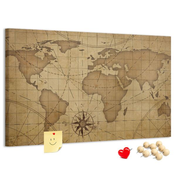 Tablica korkowa Starożytna mapa świata z kompasem