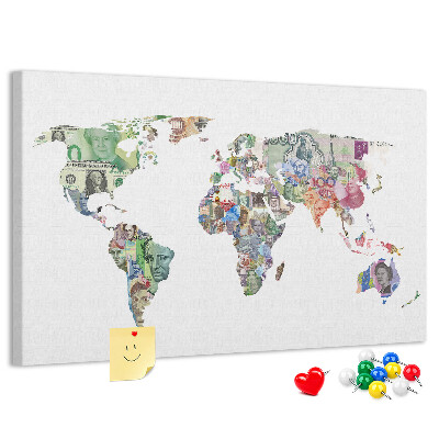 Tablica korkowa z nadrukiem Mapa świata z banknotów różnych krajów