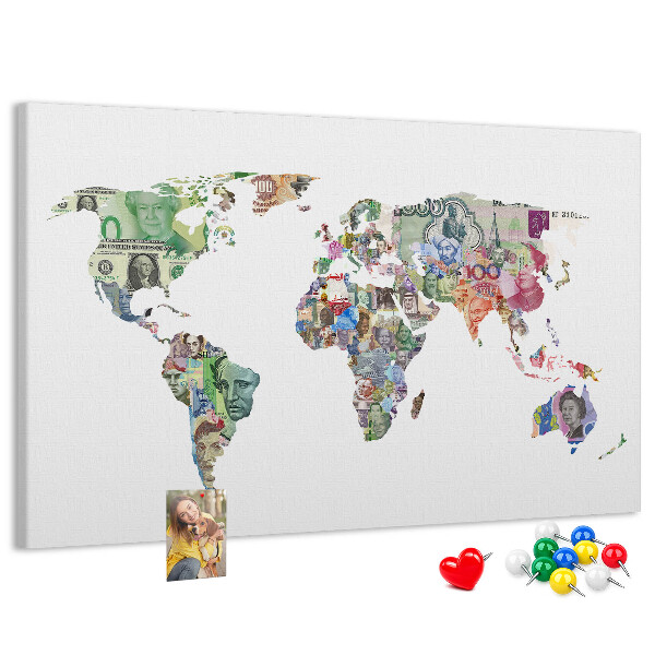 Tablica korkowa z nadrukiem Mapa świata z banknotów różnych krajów