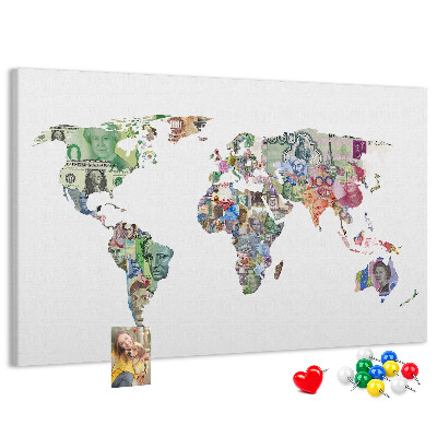 Tablica korkowa z nadrukiem Mapa świata z banknotów różnych krajów