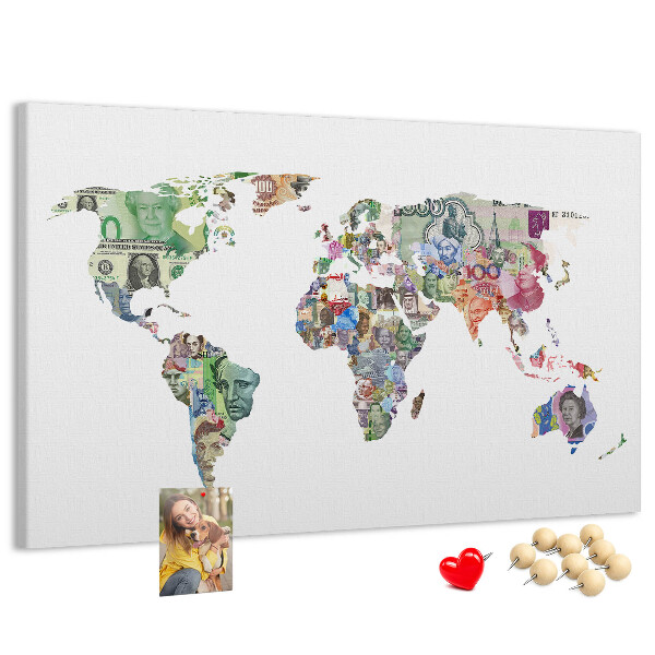 Tablica korkowa z nadrukiem Mapa świata z banknotów różnych krajów