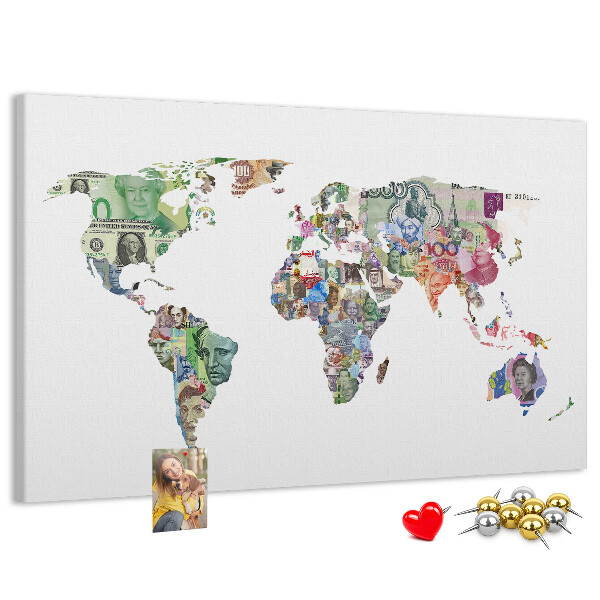 Tablica korkowa z nadrukiem Mapa świata z banknotów różnych krajów