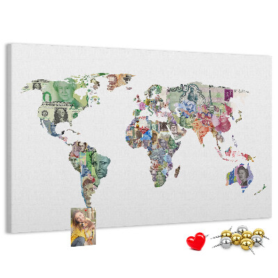 Tablica korkowa z nadrukiem Mapa świata z banknotów różnych krajów