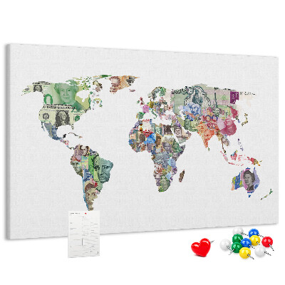 Tablica korkowa z nadrukiem Mapa świata z banknotów różnych krajów