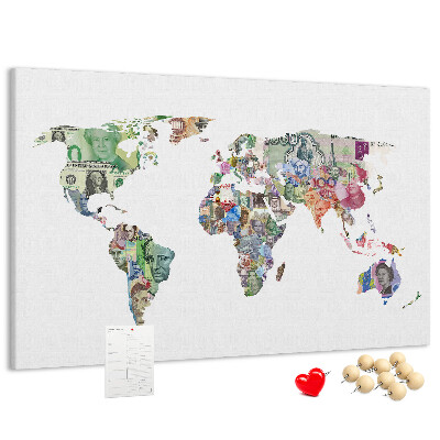 Tablica korkowa z nadrukiem Mapa świata z banknotów różnych krajów