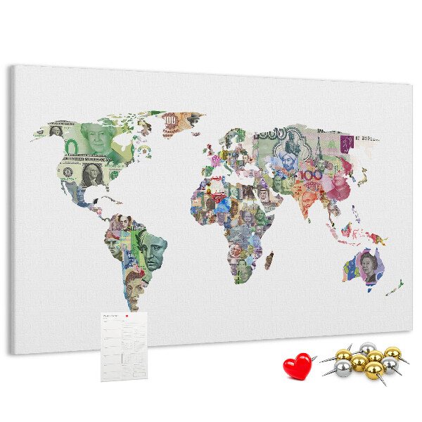Tablica korkowa z nadrukiem Mapa świata z banknotów różnych krajów