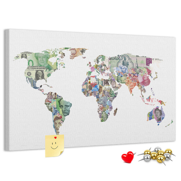 Tablica korkowa z nadrukiem Mapa świata z banknotów różnych krajów
