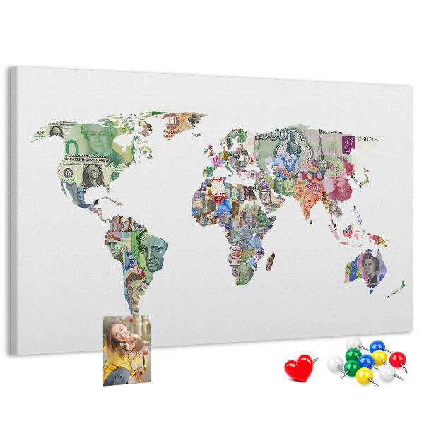 Tablica korkowa z nadrukiem Mapa świata z banknotów różnych krajów