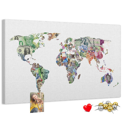 Tablica korkowa z nadrukiem Mapa świata z banknotów różnych krajów