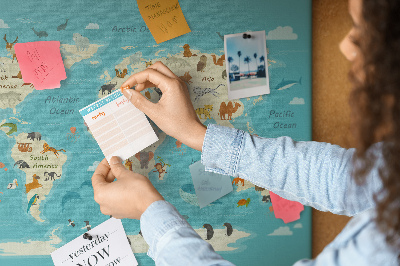 Tablica korkowa Mapa świata z dzikimi zwierzętami