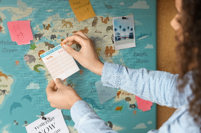 Tablica korkowa Mapa świata z dzikimi zwierzętami