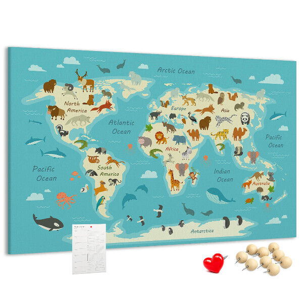 Tablica korkowa Mapa świata z dzikimi zwierzętami