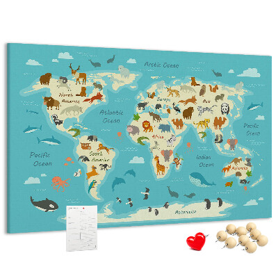 Tablica korkowa Mapa świata z dzikimi zwierzętami