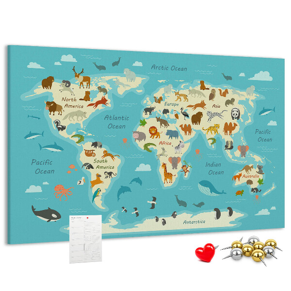 Tablica korkowa Mapa świata z dzikimi zwierzętami