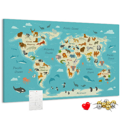 Tablica korkowa Mapa świata z dzikimi zwierzętami