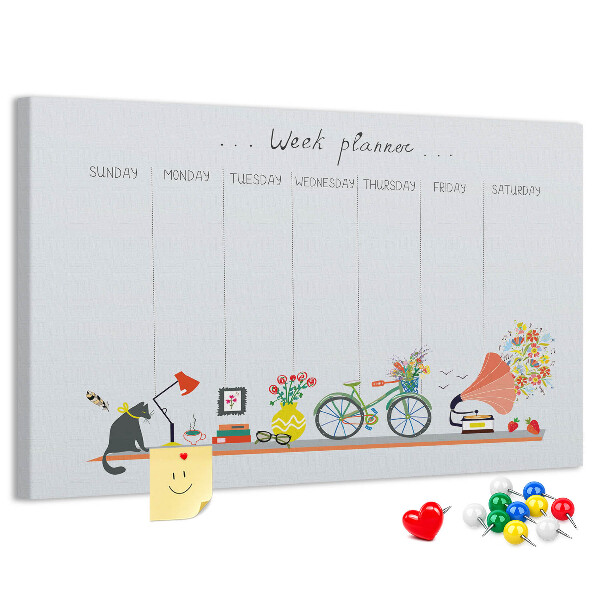Tablica korkowa ozdobna Kolorowy planner tygodniowy z motywami biurowymi