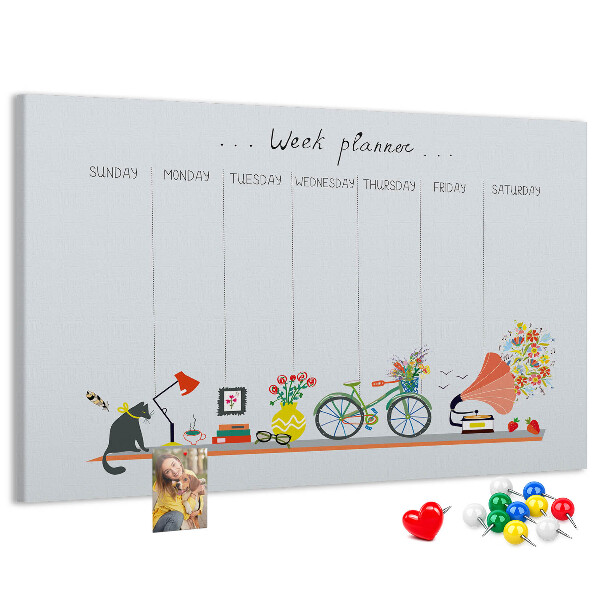 Tablica korkowa ozdobna Kolorowy planner tygodniowy z motywami biurowymi