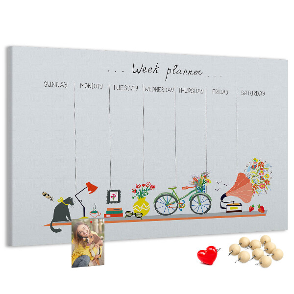 Tablica korkowa ozdobna Kolorowy planner tygodniowy z motywami biurowymi