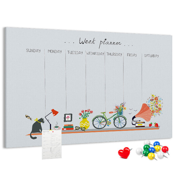 Tablica korkowa ozdobna Kolorowy planner tygodniowy z motywami biurowymi