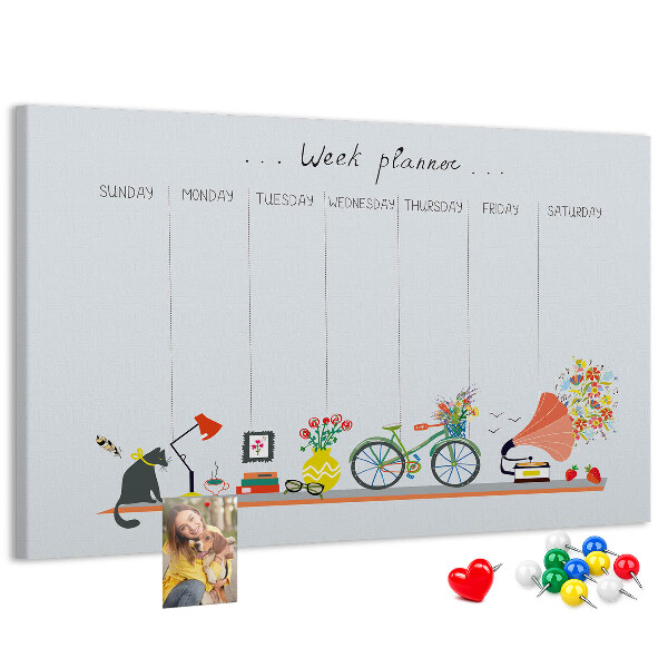 Tablica korkowa ozdobna Kolorowy planner tygodniowy z motywami biurowymi