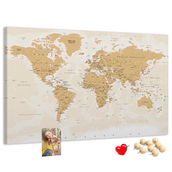 Tablica korkowa z nadrukiem Mapa świata z oznaczeniami lokalizacji.