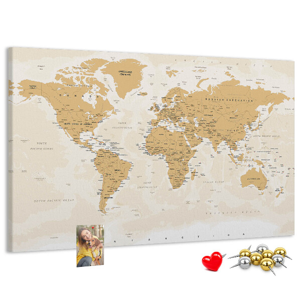 Tablica korkowa z nadrukiem Mapa świata z oznaczeniami lokalizacji.