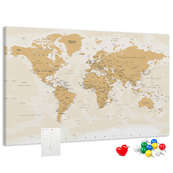 Tablica korkowa z nadrukiem Mapa świata z oznaczeniami lokalizacji.