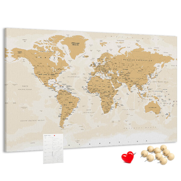 Tablica korkowa z nadrukiem Mapa świata z oznaczeniami lokalizacji.