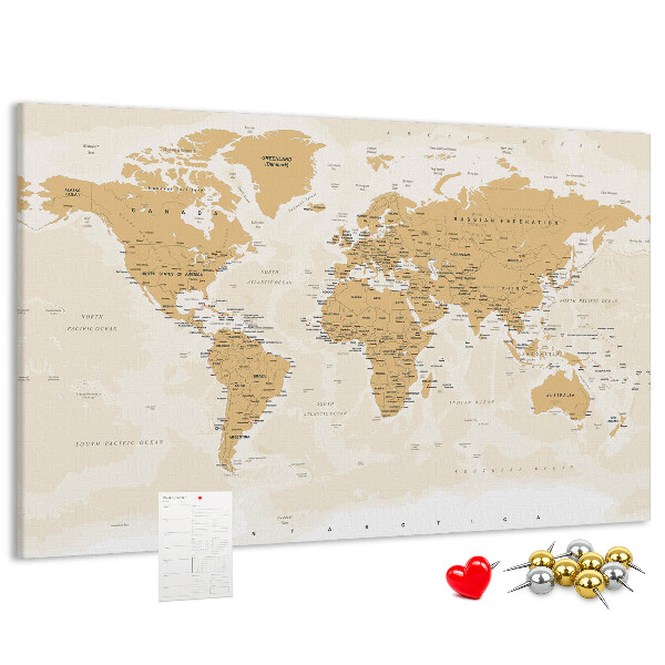 Tablica korkowa z nadrukiem Mapa świata z oznaczeniami lokalizacji.