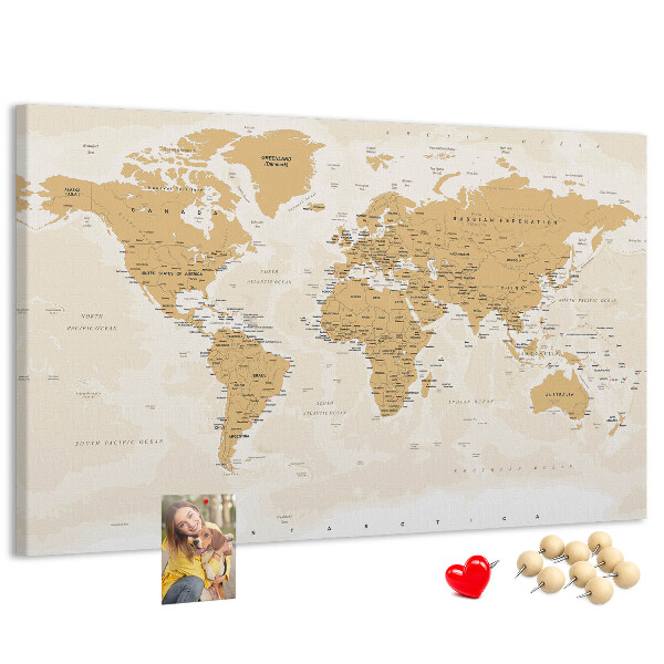 Tablica korkowa z nadrukiem Mapa świata z oznaczeniami lokalizacji.