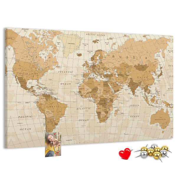 Tablica korkowa Starożytna mapa świata w odcieniach brązu