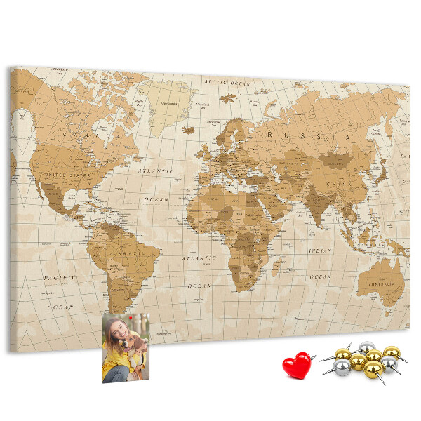 Tablica korkowa Starożytna mapa świata w odcieniach brązu
